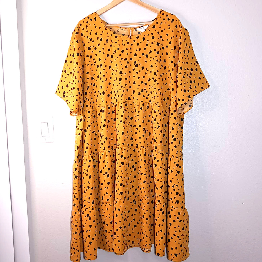 Terra&Sky Casual Polka Dot Print Short Sleeve Yellow Black Plus Sz 3X(24W) Dress